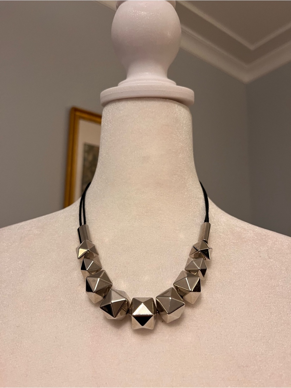 Geometric Metallic Statement Necklace in Silver on black cord